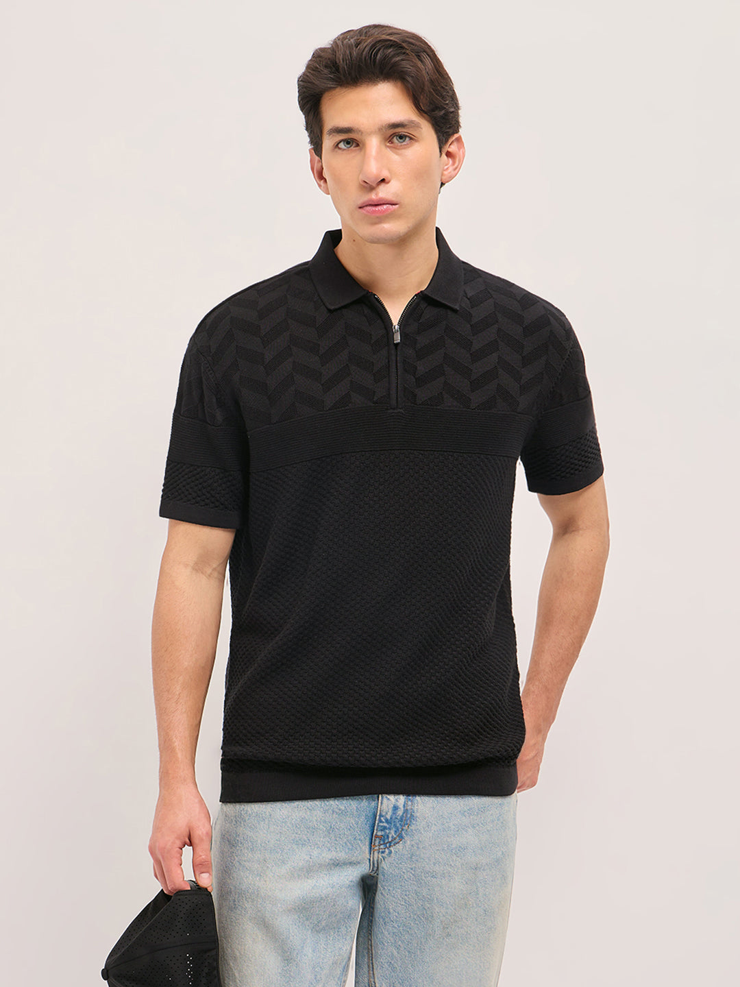 Black Relaxed Fit Chevron Textured Flat Knit Polo