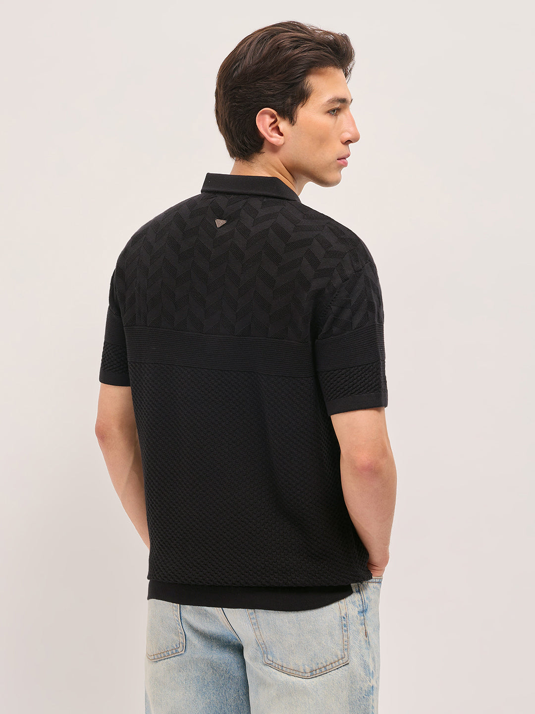 Black Relaxed Fit Chevron Textured Flat Knit Polo