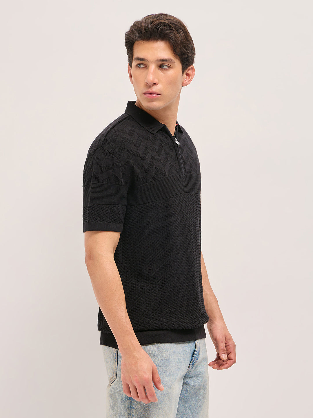 Black Relaxed Fit Chevron Textured Flat Knit Polo