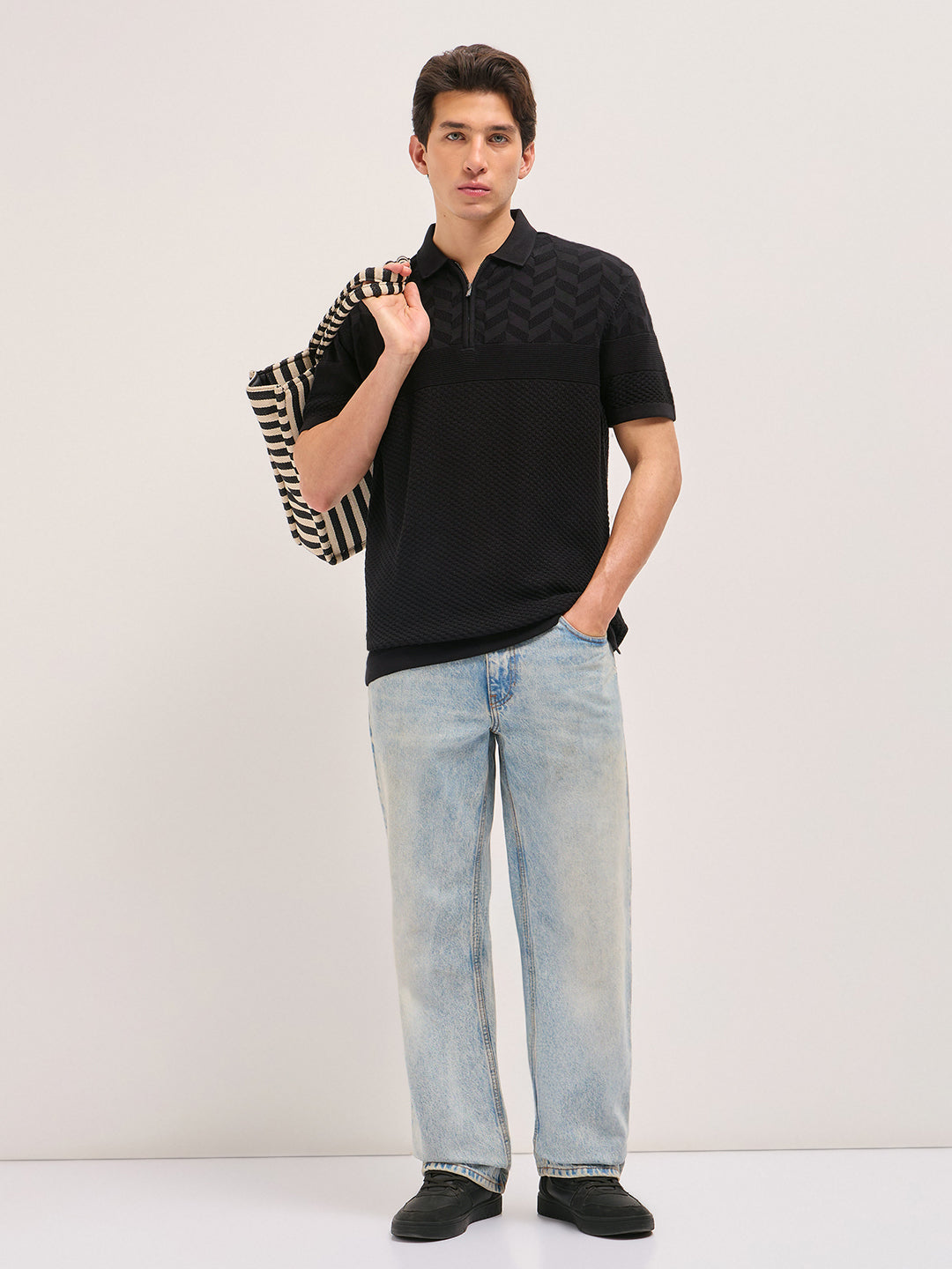Black Relaxed Fit Chevron Textured Flat Knit Polo