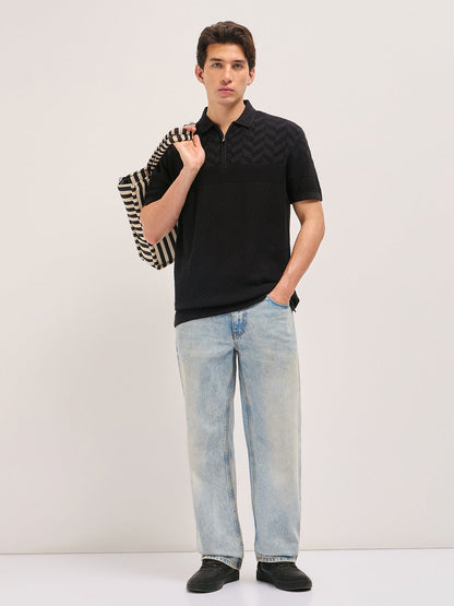 Black Relaxed Fit Chevron Textured Flat Knit Polo