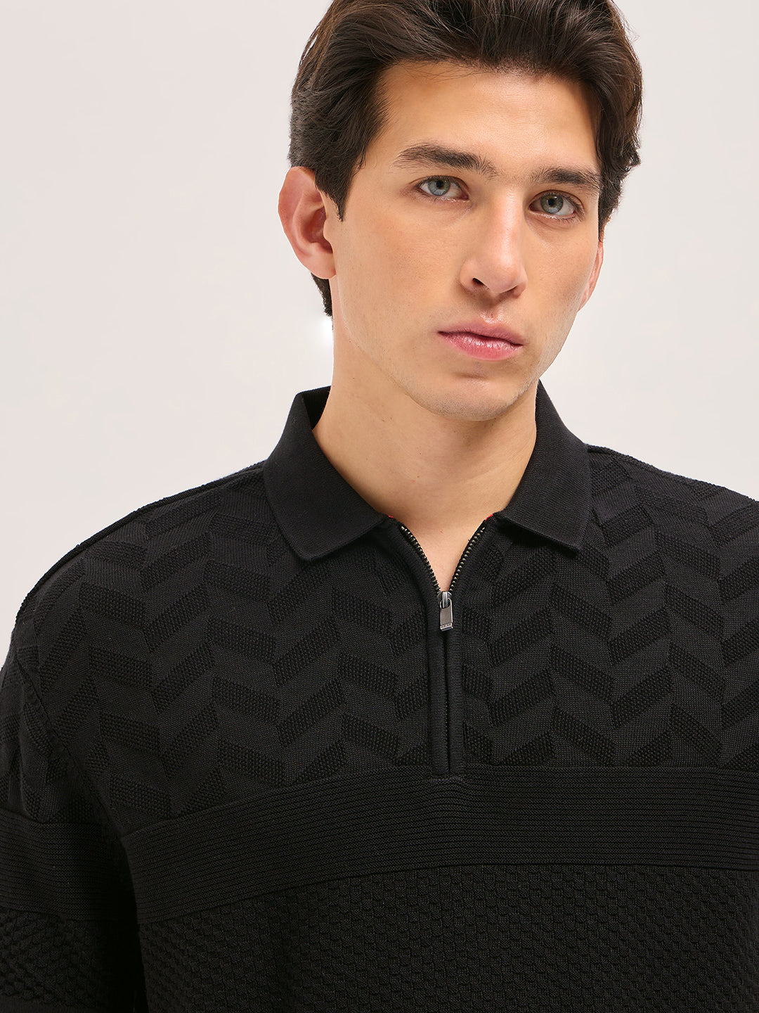 Black Relaxed Fit Chevron Textured Flat Knit Polo