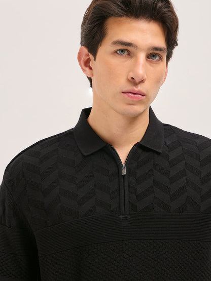 Black Relaxed Fit Chevron Textured Flat Knit Polo