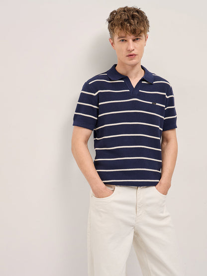 Navy Blue Texture Horizontal Stripes Slim Fit Polo