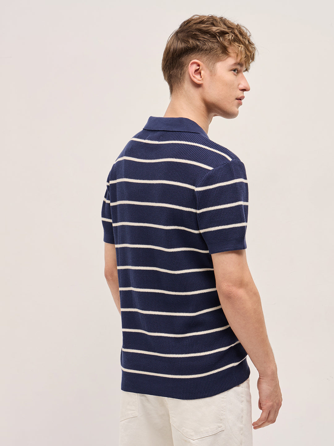Navy Blue Texture Horizontal Stripes Slim Fit Polo