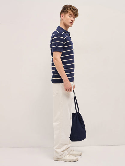 Navy Blue Texture Horizontal Stripes Slim Fit Polo