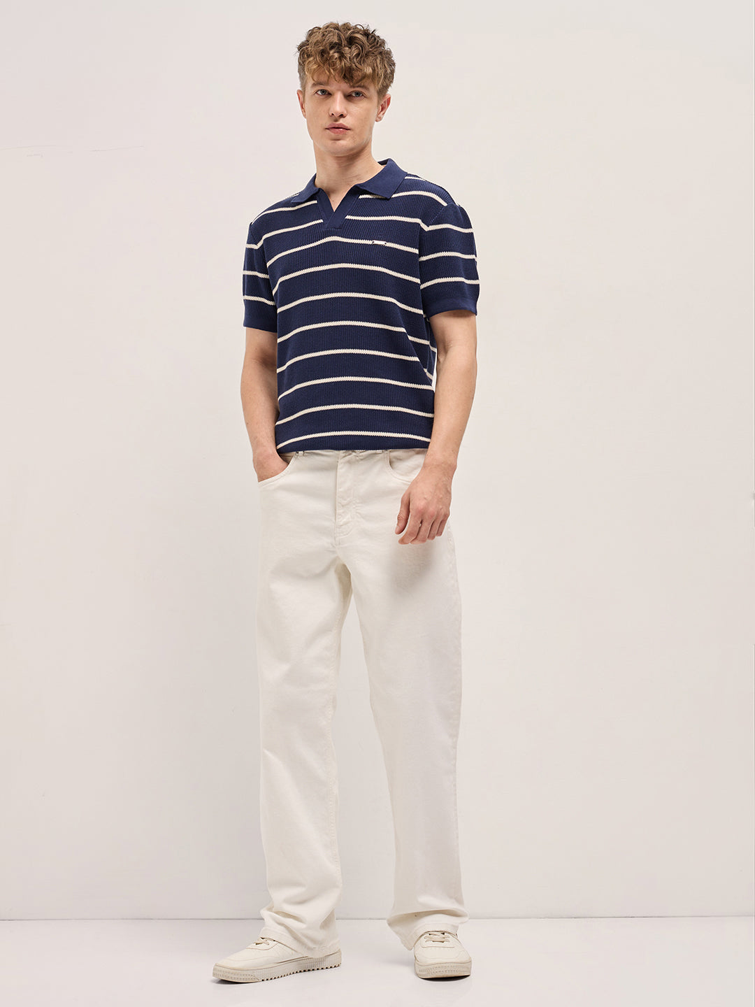 Navy Blue Texture Horizontal Stripes Slim Fit Polo