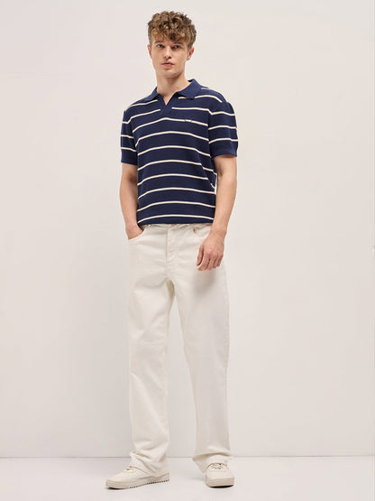 Navy Blue Texture Horizontal Stripes Slim Fit Polo