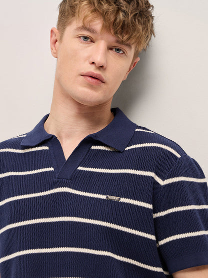 Navy Blue Texture Horizontal Stripes Slim Fit Polo