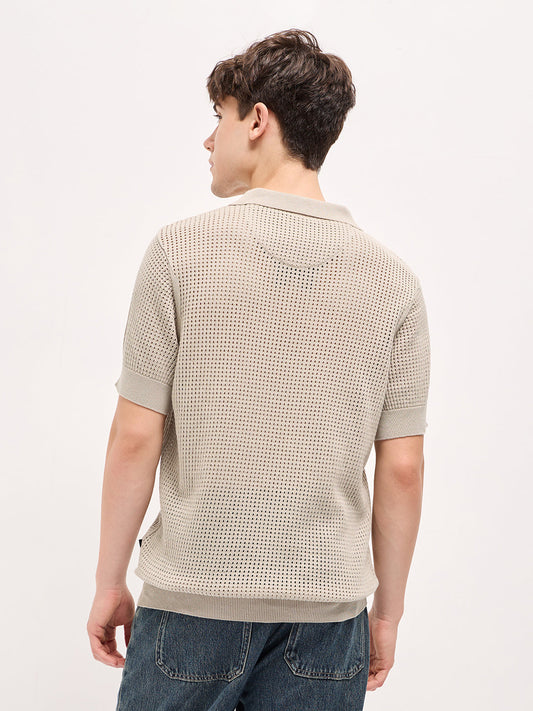 Beige Textured Knit Regular Fit Polo T-shirt