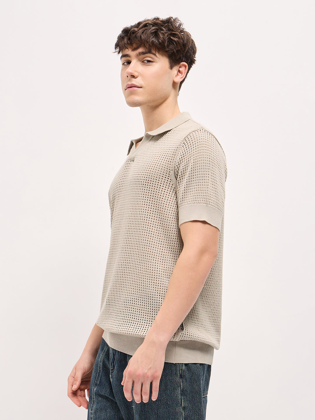 Beige Textured Knit Regular Fit Polo T-shirt