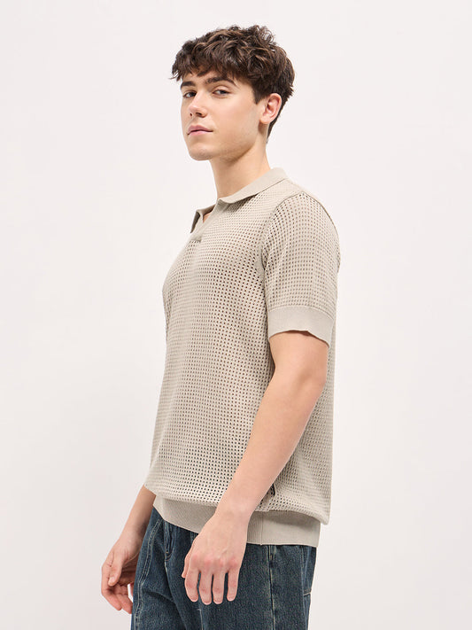 Beige Textured Knit Regular Fit Polo T-shirt