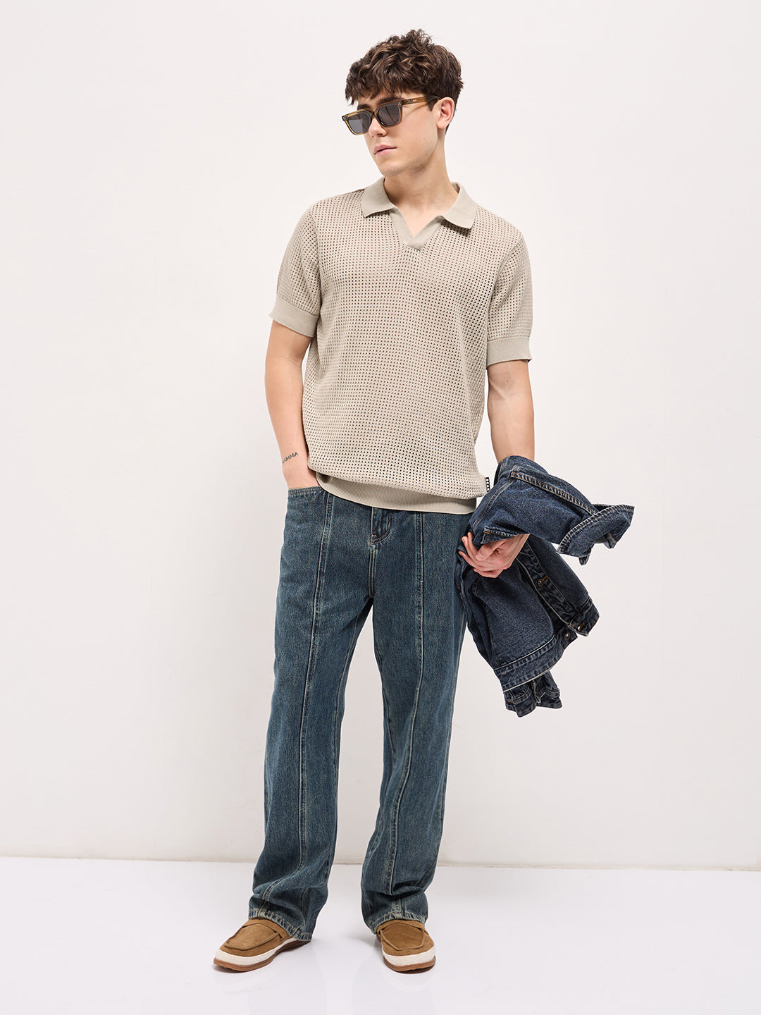 Beige Textured Knit Regular Fit Polo T-shirt