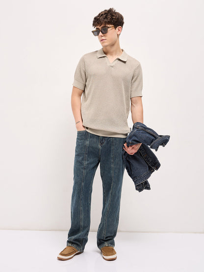 Beige Textured Knit Regular Fit Polo T-shirt