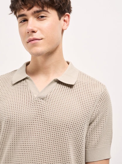 Beige Textured Knit Regular Fit Polo T-shirt