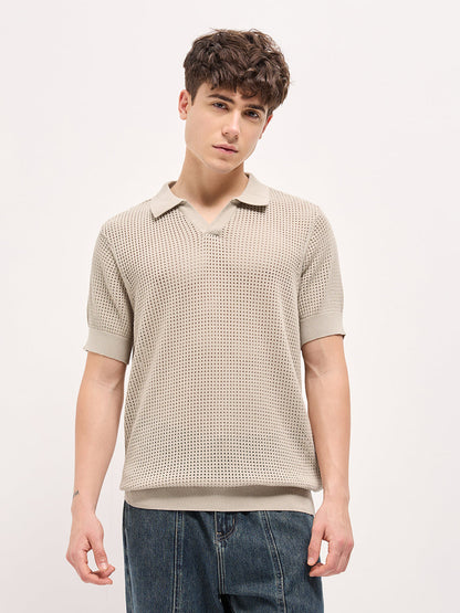 Beige Textured Knit Regular Fit Polo T-shirt