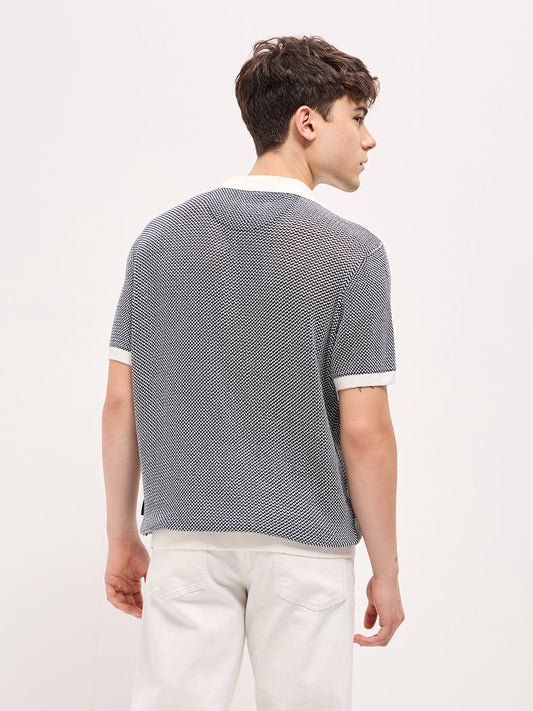 Blue Textured Knit Regular Fit Polo T-shirt with Contrast Collar