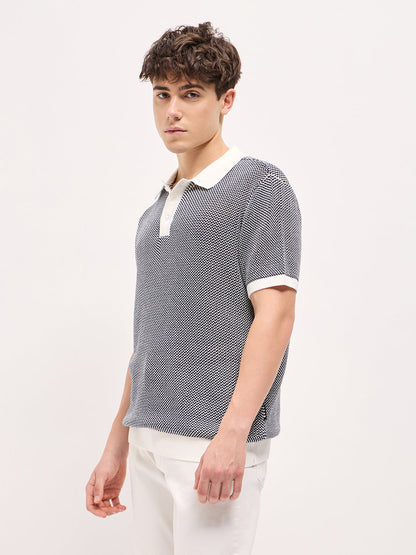 Blue Textured Knit Regular Fit Polo T-shirt with Contrast Collar