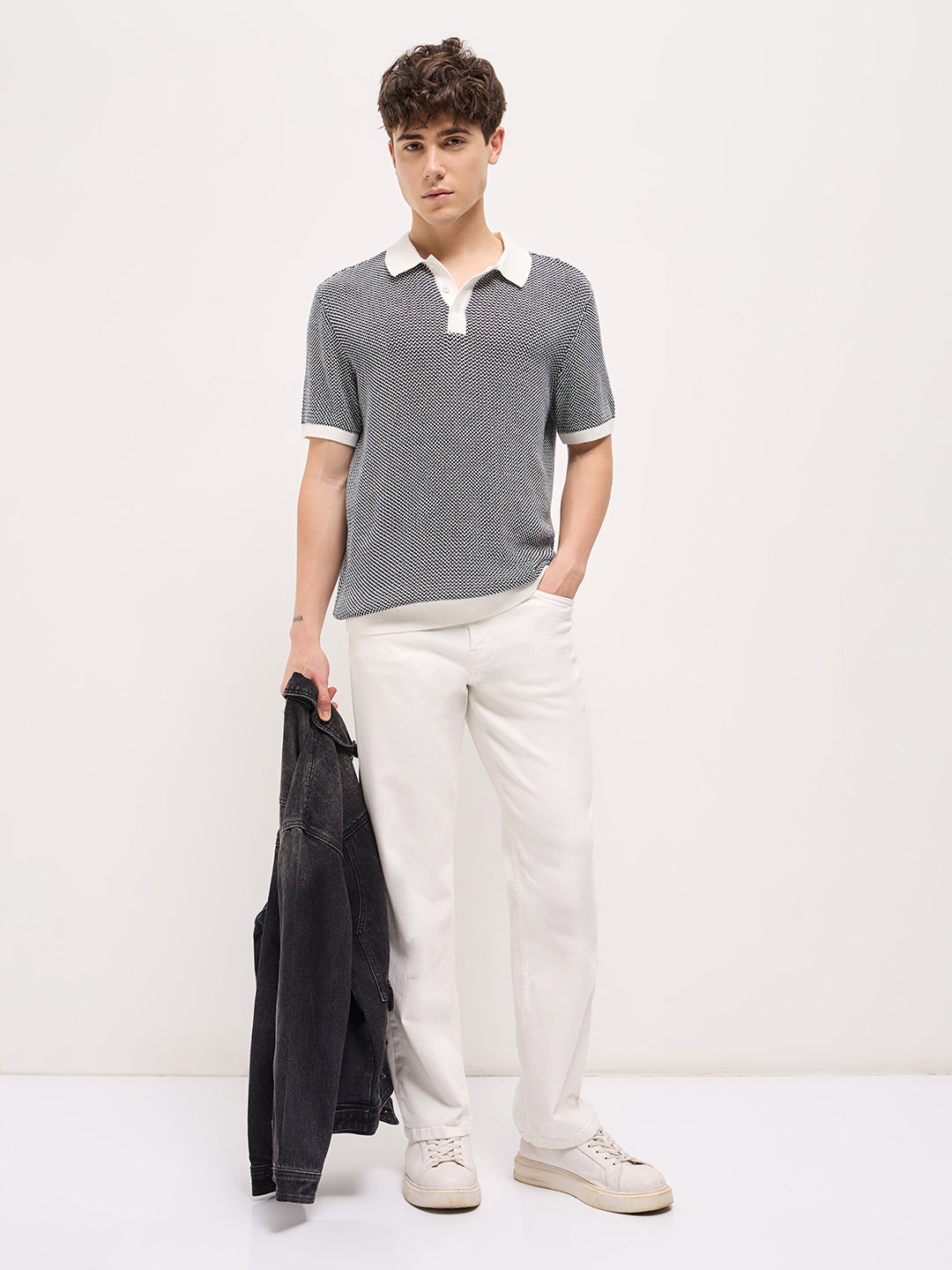Blue Textured Knit Regular Fit Polo T-shirt with Contrast Collar