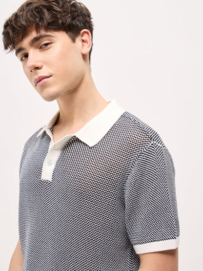 Blue Textured Knit Regular Fit Polo T-shirt with Contrast Collar
