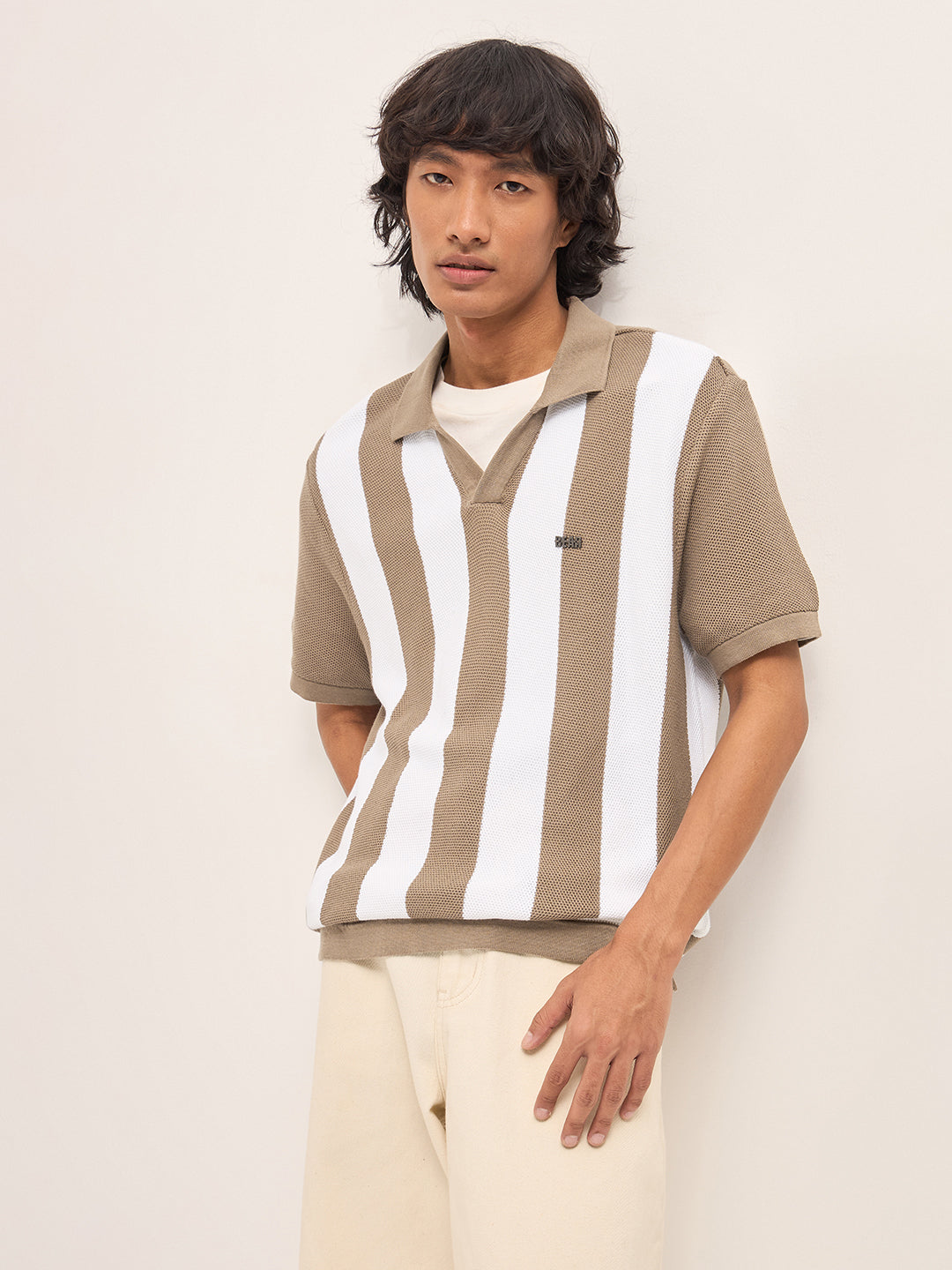 Brown and White Bold Vertical Stripe Knit Regular Fit Polo