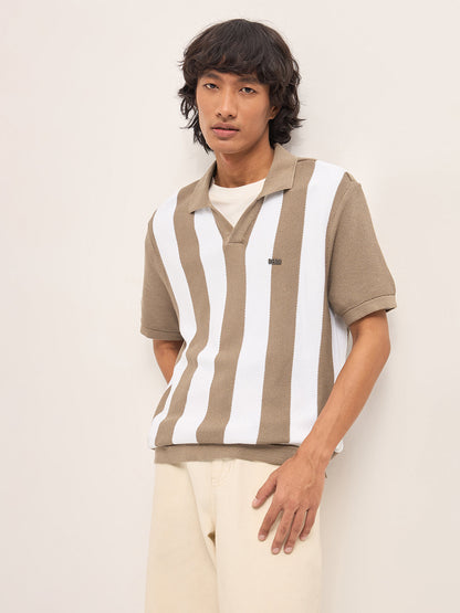 Brown and White Bold Vertical Stripe Knit Regular Fit Polo