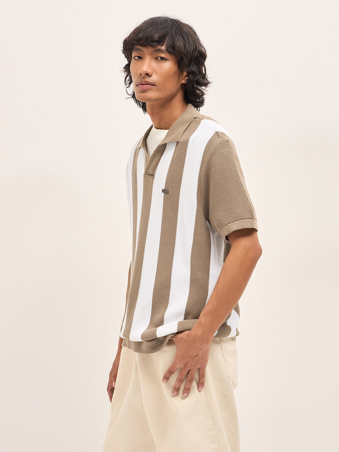 Brown and White Bold Vertical Stripe Knit Regular Fit Polo