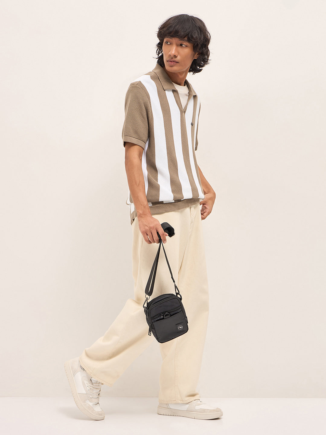 Brown and White Bold Vertical Stripe Knit Regular Fit Polo