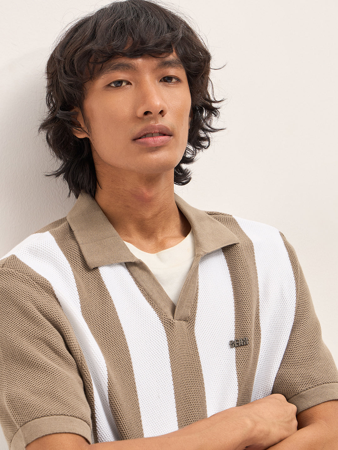 Brown and White Bold Vertical Stripe Knit Regular Fit Polo