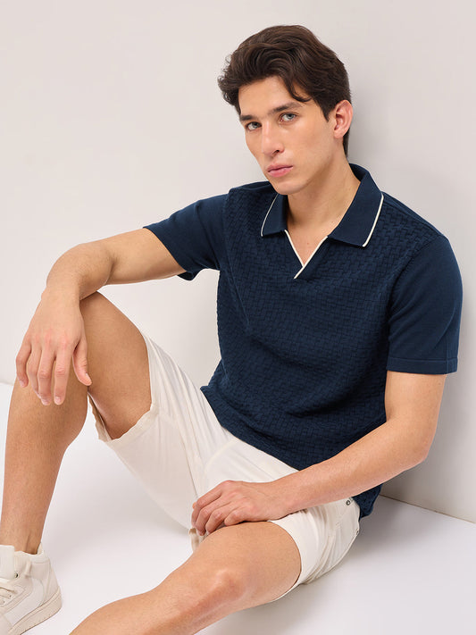 Blue Regular Fit Textured Flat Knit Polo