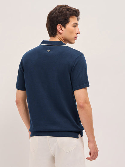 Blue Regular Fit Textured Flat Knit Polo