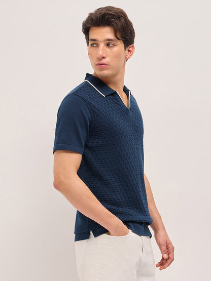 Blue Regular Fit Textured Flat Knit Polo