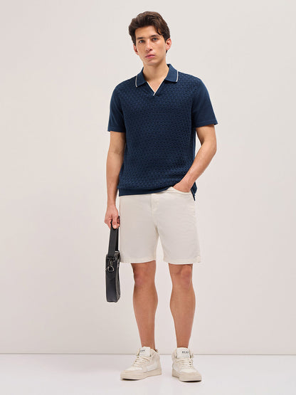 Blue Regular Fit Textured Flat Knit Polo