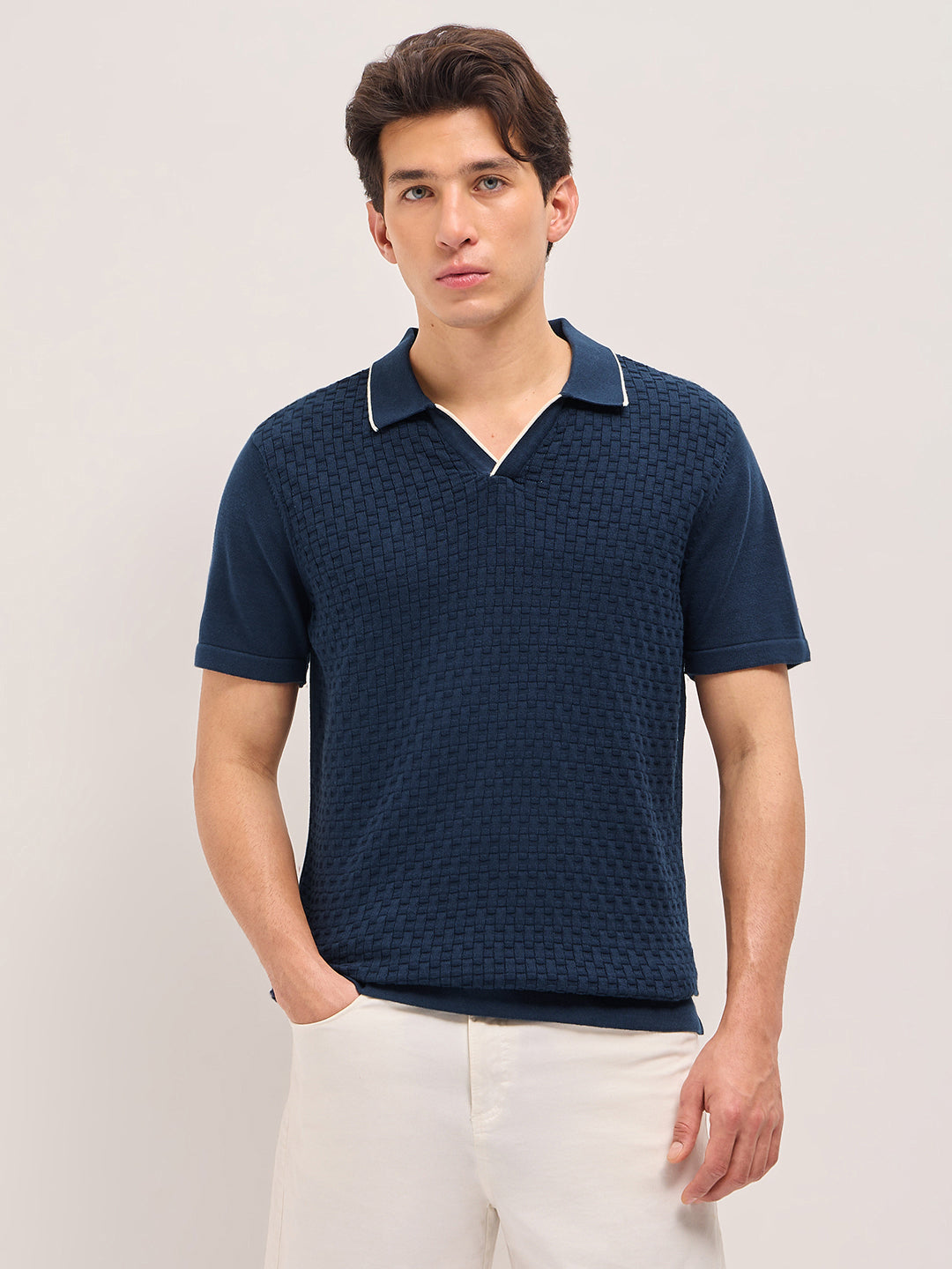 Blue Regular Fit Textured Flat Knit Polo