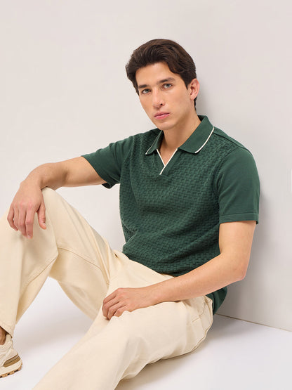 Green Regular Fit Textured Flat Knit Polo