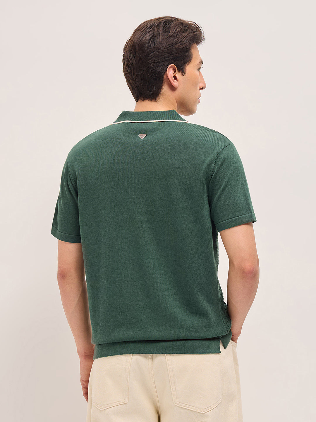 Green Regular Fit Textured Flat Knit Polo