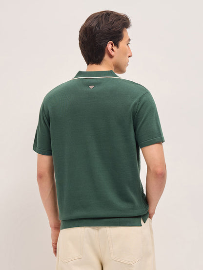 Green Regular Fit Textured Flat Knit Polo