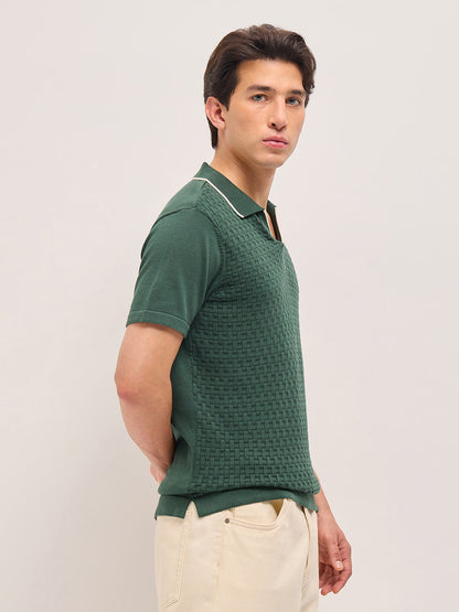 Green Regular Fit Textured Flat Knit Polo