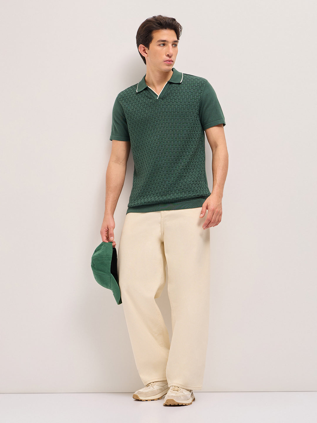 Green Regular Fit Textured Flat Knit Polo