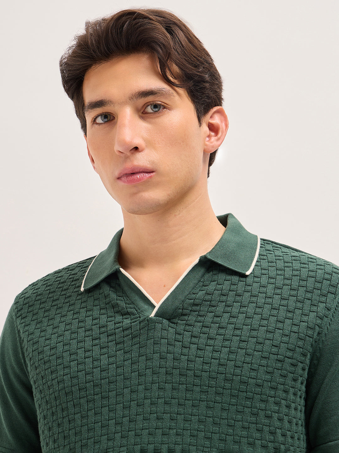 Green Regular Fit Textured Flat Knit Polo