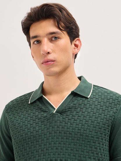 Green Regular Fit Textured Flat Knit Polo