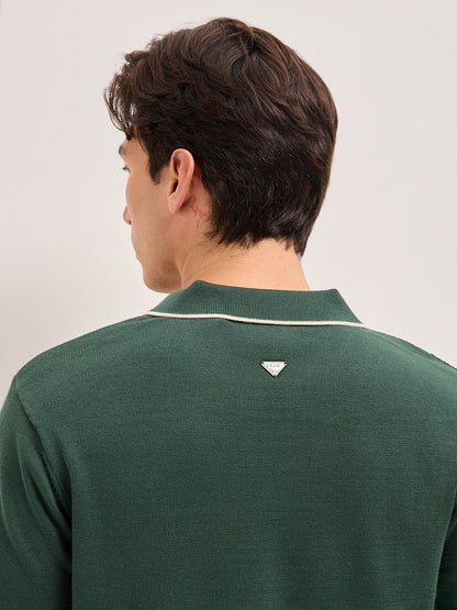 Green Regular Fit Textured Flat Knit Polo