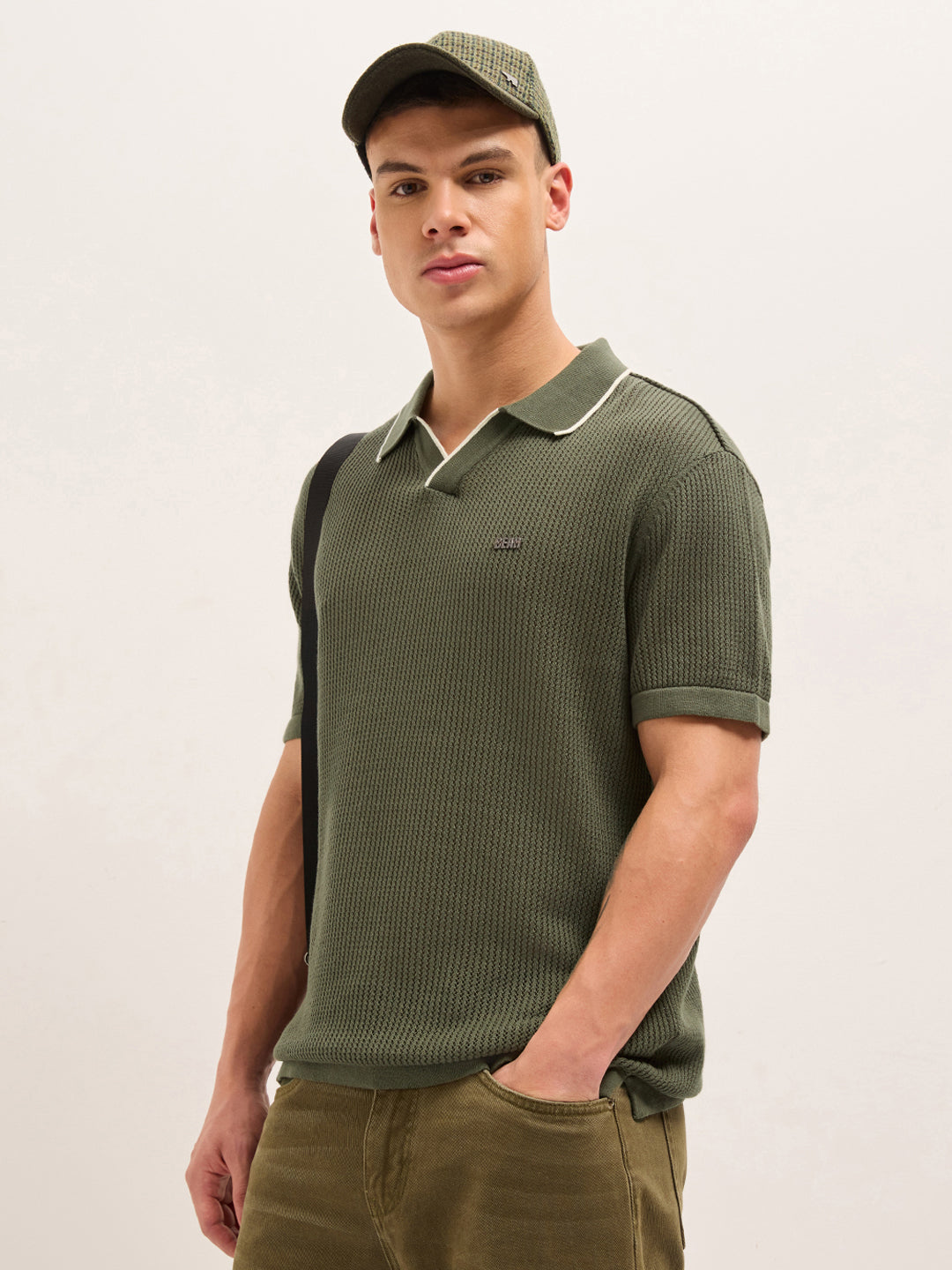 Olive Relaxed Fit Mesh Textured Flat Knit Polo with Transparent Effect