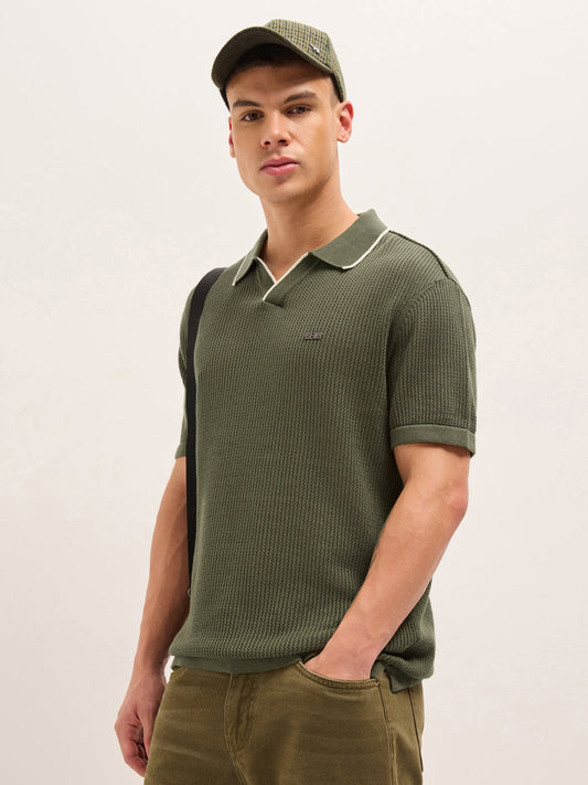 Olive Relaxed Fit Mesh Textured Flat Knit Polo with Transparent Effect