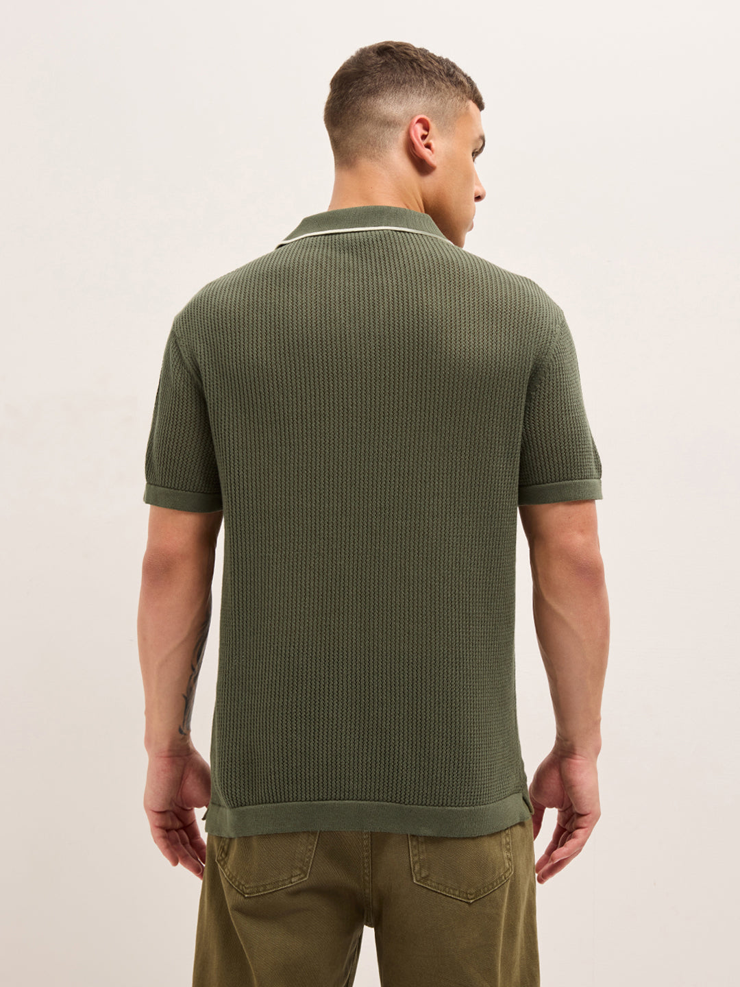 Olive Relaxed Fit Mesh Textured Flat Knit Polo with Transparent Effect