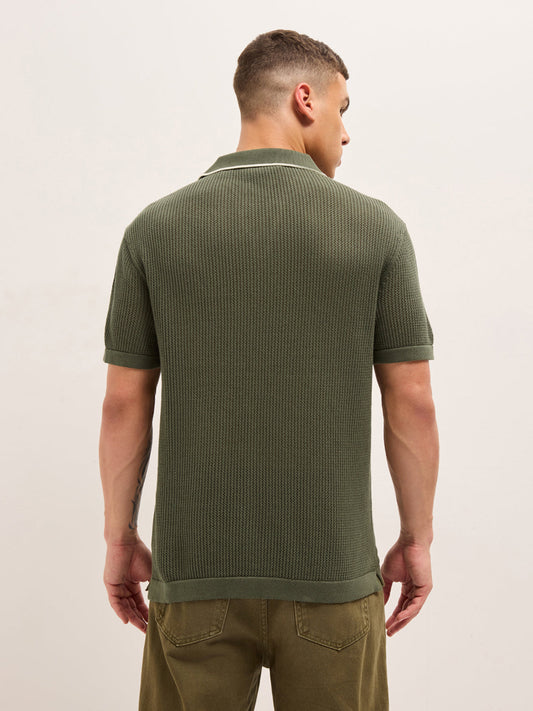 Olive Relaxed Fit Mesh Textured Flat Knit Polo with Transparent Effect