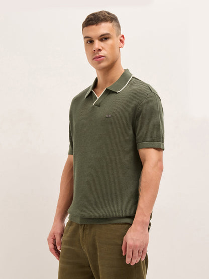 Olive Relaxed Fit Mesh Textured Flat Knit Polo with Transparent Effect