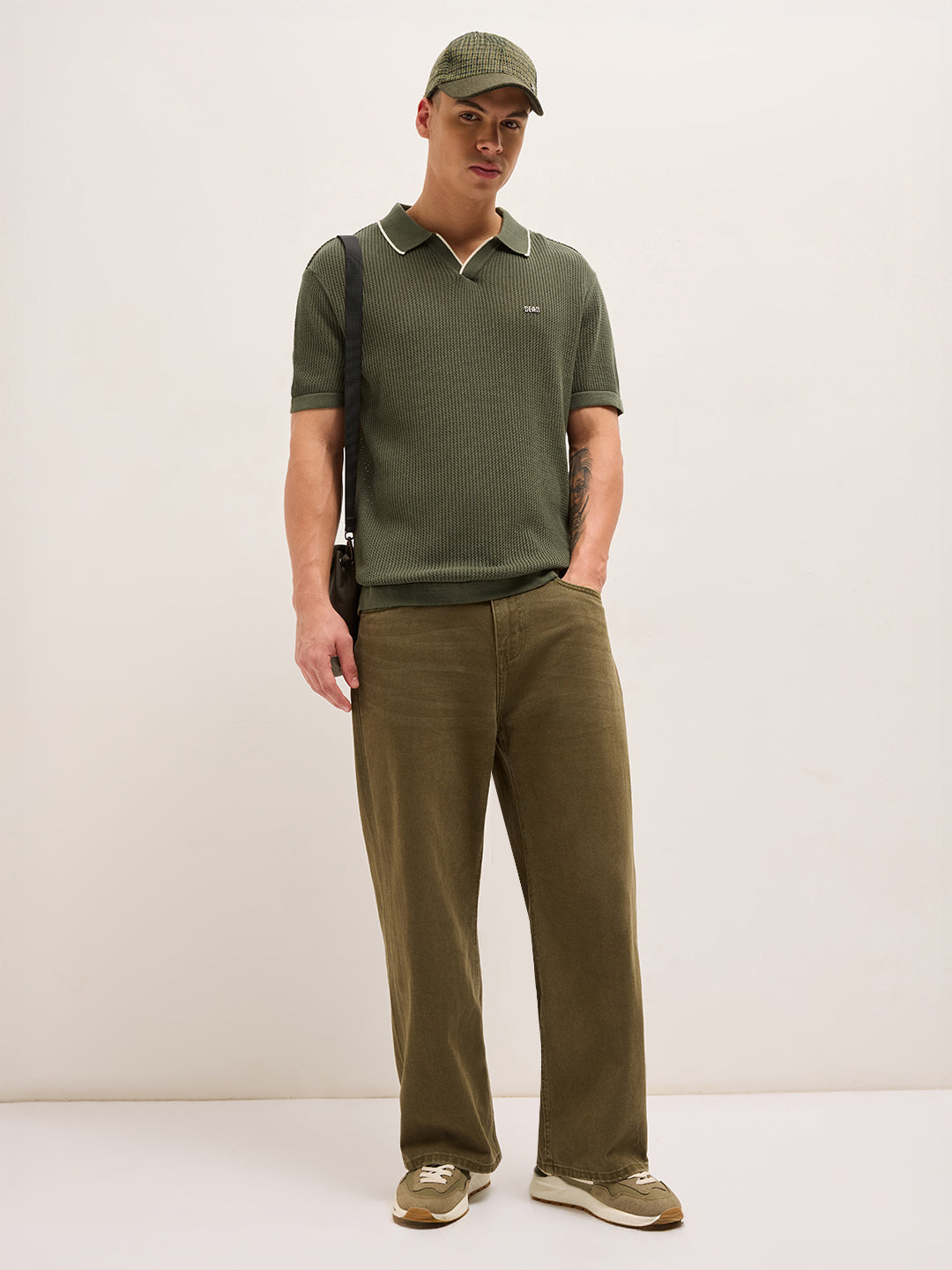 Olive Relaxed Fit Mesh Textured Flat Knit Polo with Transparent Effect