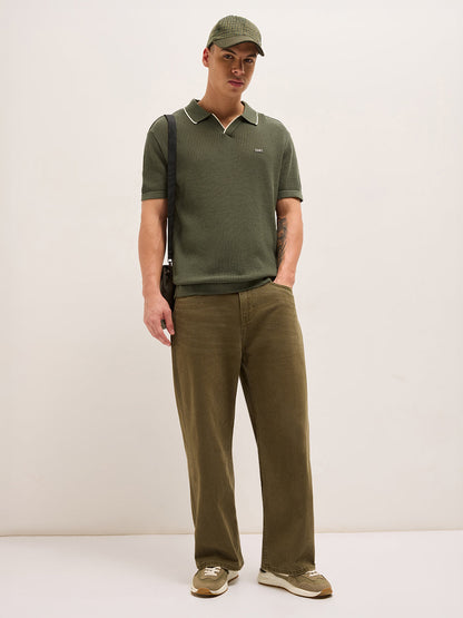 Olive Relaxed Fit Mesh Textured Flat Knit Polo with Transparent Effect