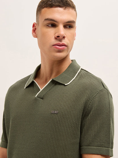Olive Relaxed Fit Mesh Textured Flat Knit Polo with Transparent Effect